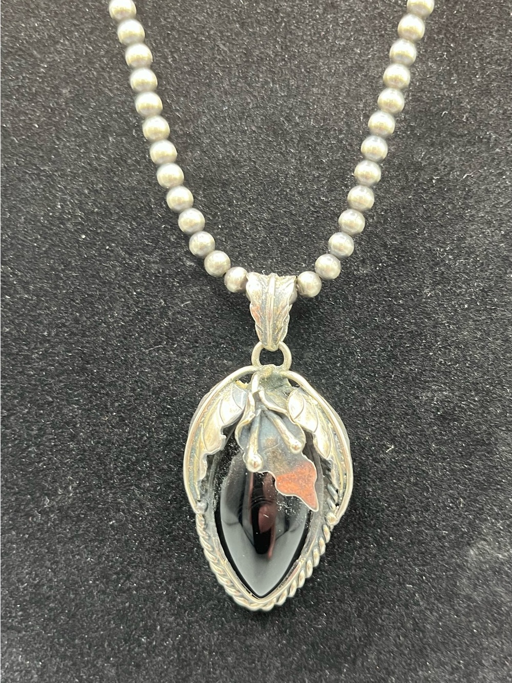 Sterling-Style Black Onyx Tear Drop Leaf Pendant Necklace